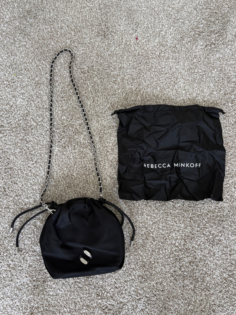 Rebecca Minkoff Black Nylon Drawstring Crossbody with Chain Strap